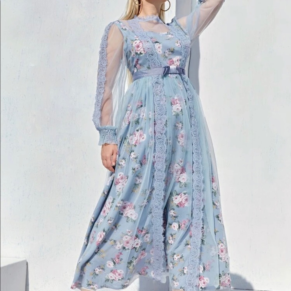 Bridgerton style blue lace overlay dress size 18